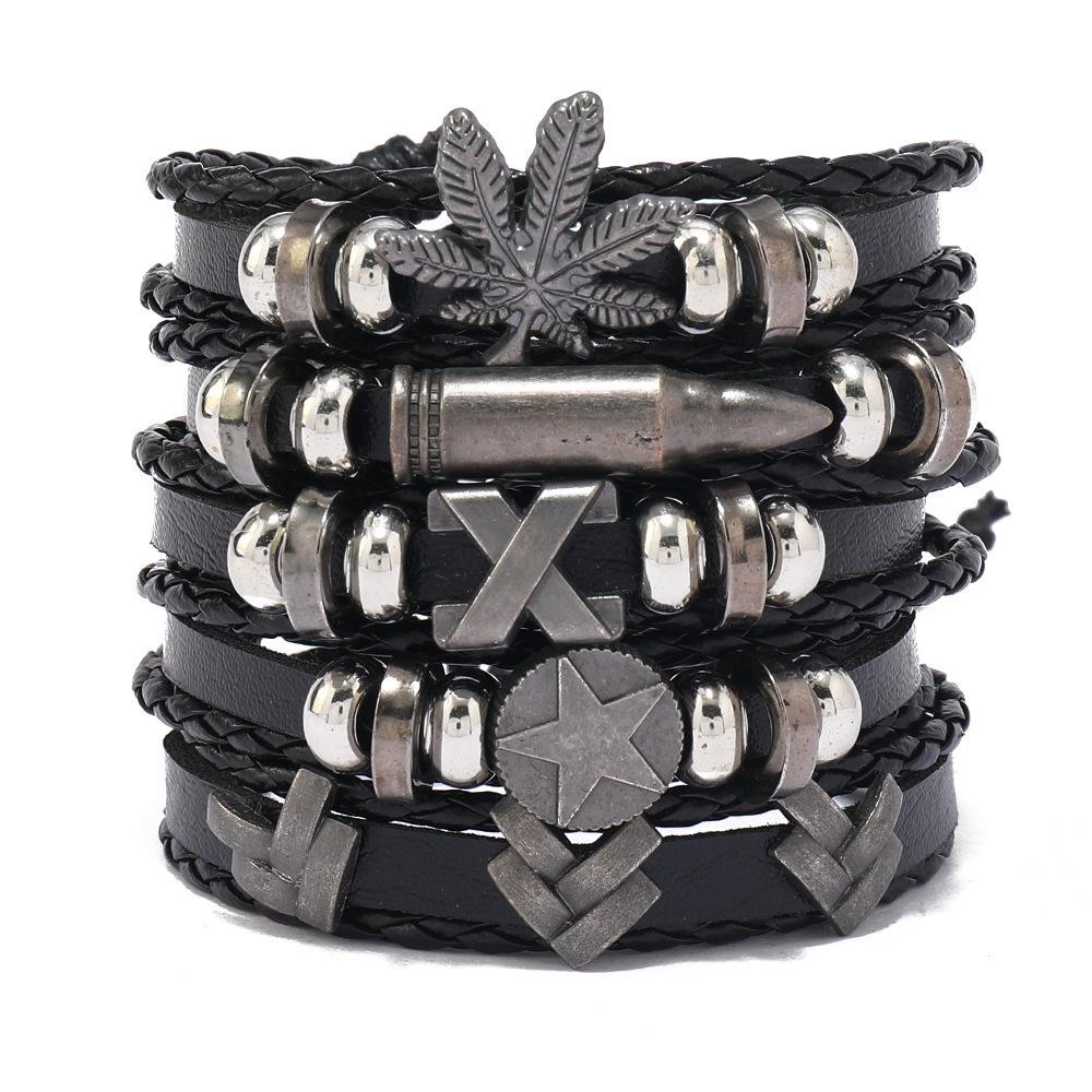 Men's Punk Skull Leather Bracelet Set Multi-Layer Gothic Rock Chain Bracelets Pentagram Charm Hip Hop Streetwear Badge Jewelry Accessories for Him