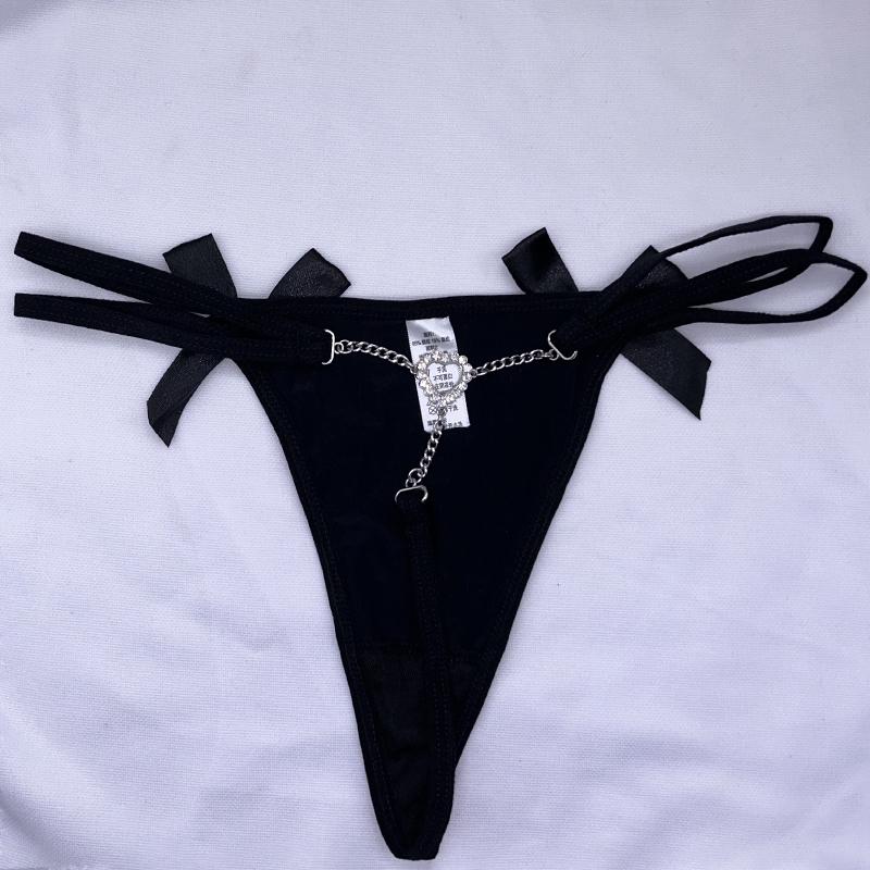 Women Erotic Strappy Thong Panties Low Rise Bow Detail Rhinestone Heart Chain Back G String Lingerie