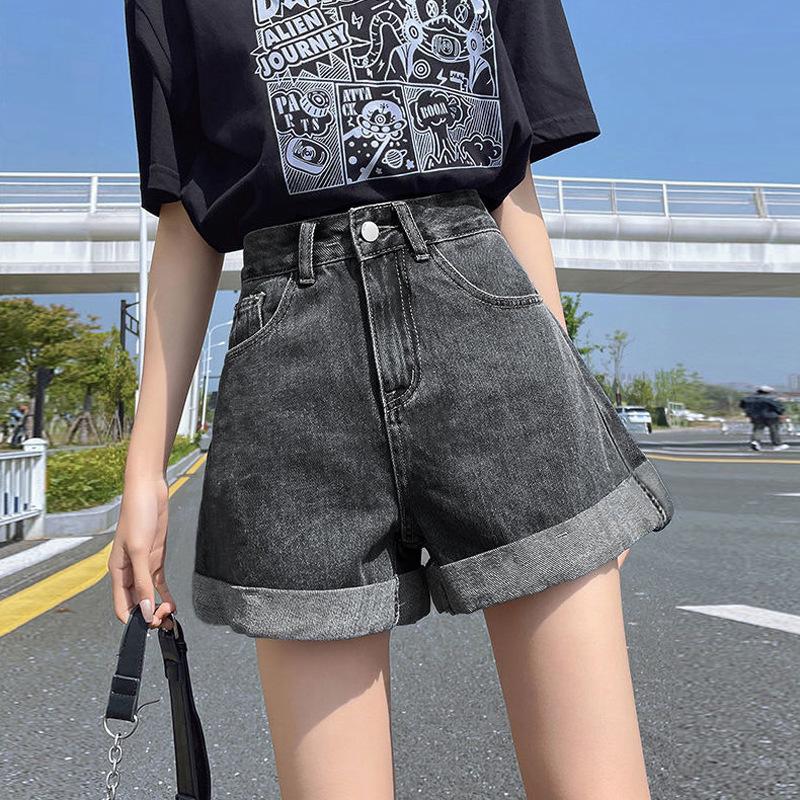 Women's Korean Style High Waist Loose Denim Shorts - Versatile Wide Leg Casual Fit with Rolled Hem
