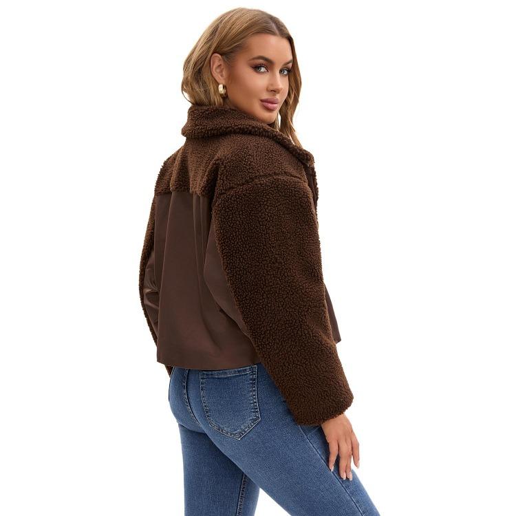 Vintage Style Womens Plush Fleece Bomber Jacket Windproof Warm Loose Fit Lapel Zipper Short Coat Long Sleeves Outerwear Autumn Winter Tops