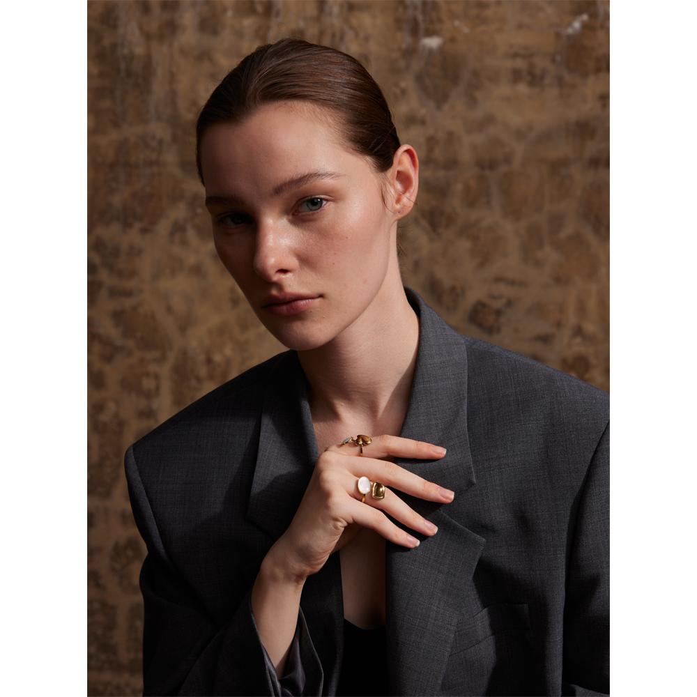 Yhpup Fashion Natural Shell Heart Love Square Adjustable Opening Ring Stainless Steel 18K Gold Color Stylish Chic Finger Jewelry