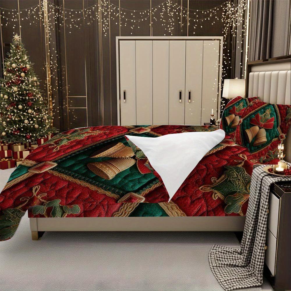 LIFESMELLS 2/3pcs Christmas Bedspread Set - Red/Green/ Holly & Bells Bedding Set, Zippered Winter Comforter Cover