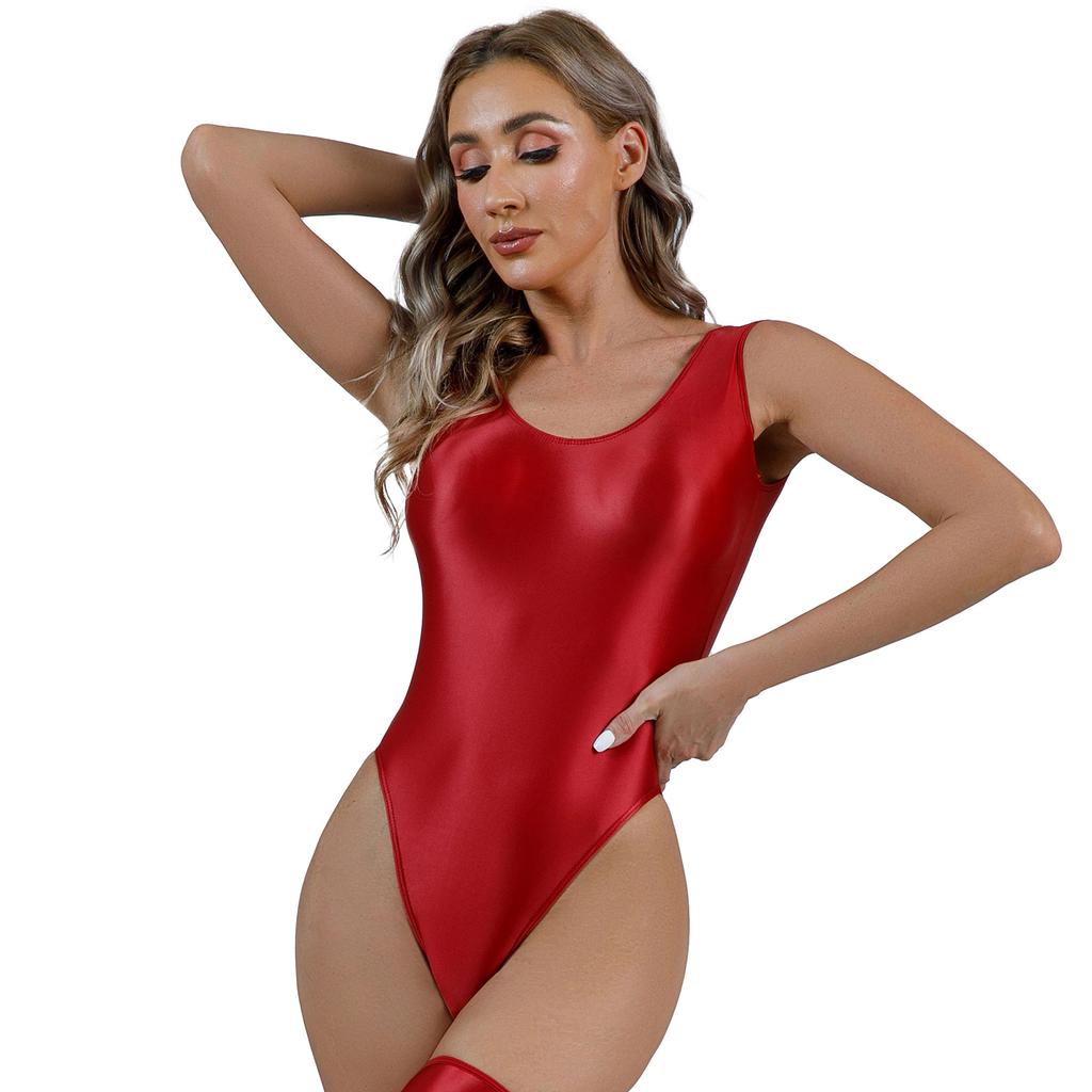 Womens Backless Glossy Bodysuit High Cut Swimwear Sleeveless Leotard for Pool Yoga Sports