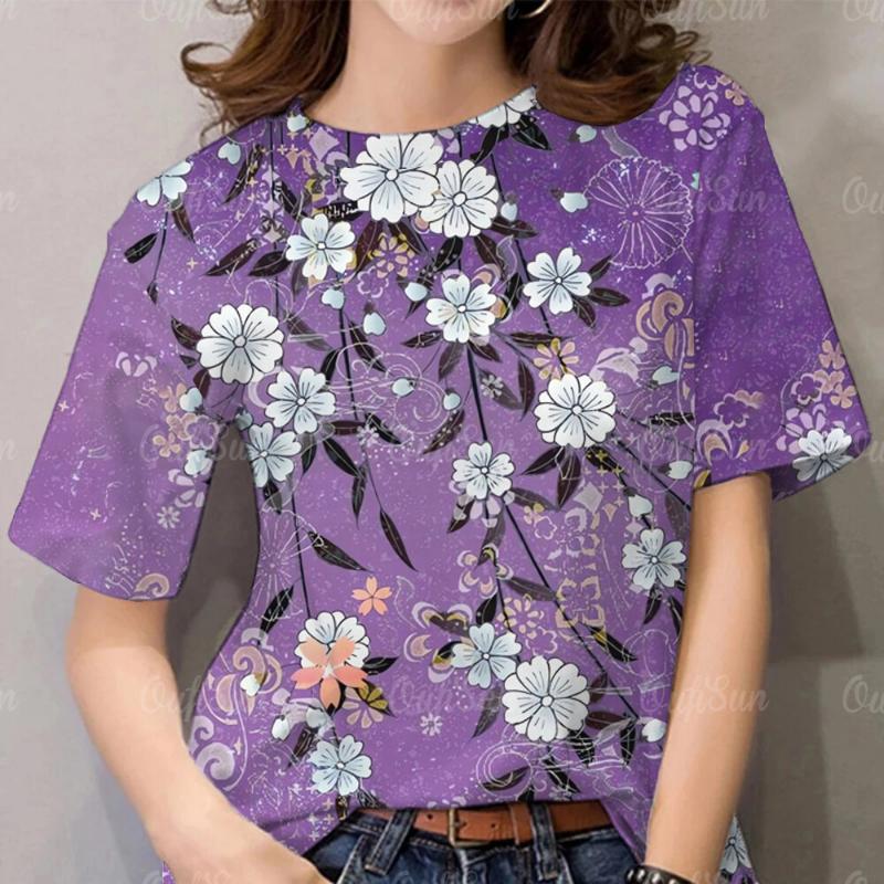 

Футболка с цветочным принтом Женская футболка Летняя повседневная одежда Harajuku Футболка Hundred Street Дышащий топ XS