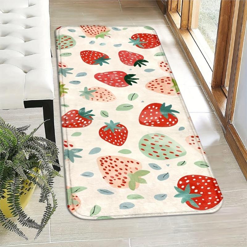 Cute Watercolor Strawberry Print Long Runner Rug, Colorful Fruit Pattern Non-Slip Washable Floor Mat for Entryway Kitchen