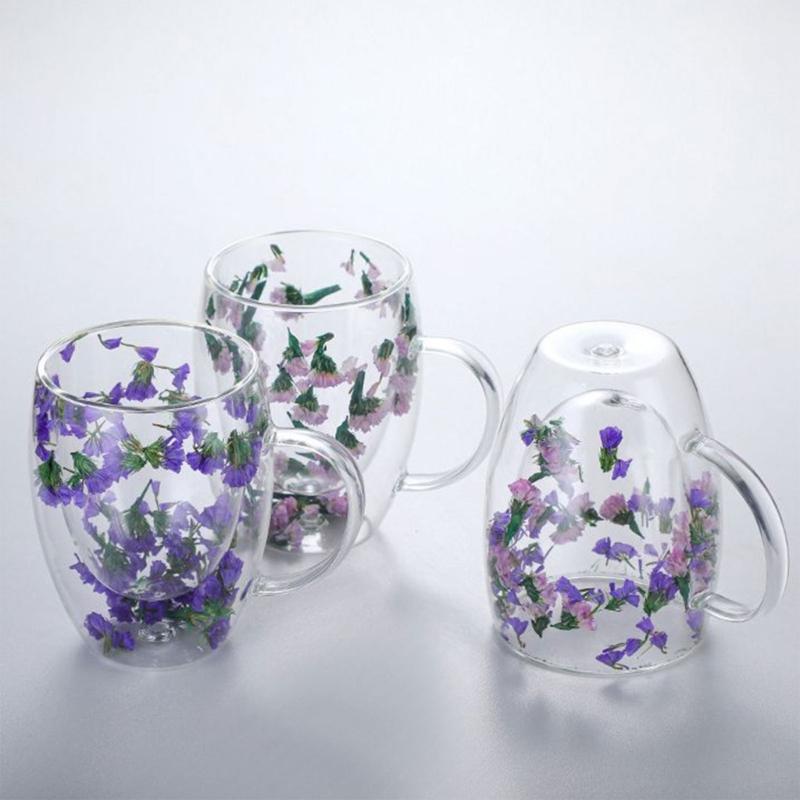 Double-layer Glass Mugs with Dry Flower and Handle for Coffee, Cocktails Elegant Glasses Cup for Entertaining Guest