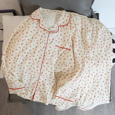 Women's Pajamas Autumn Spring Long Sleeve Soft Sleepwear Set Cherry Floral Cartoon Pyjama Woman Home Nightwear Set Cardigan