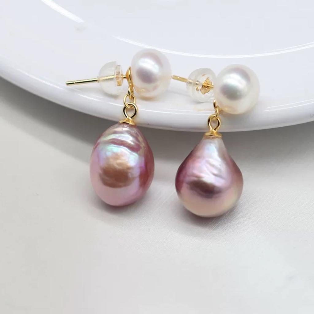 Classic Double Bead Baroque Stud Earrings Purple Special-shaped Pearl Ins Retro Texture Water Drop Pearl Earrings Extravagant