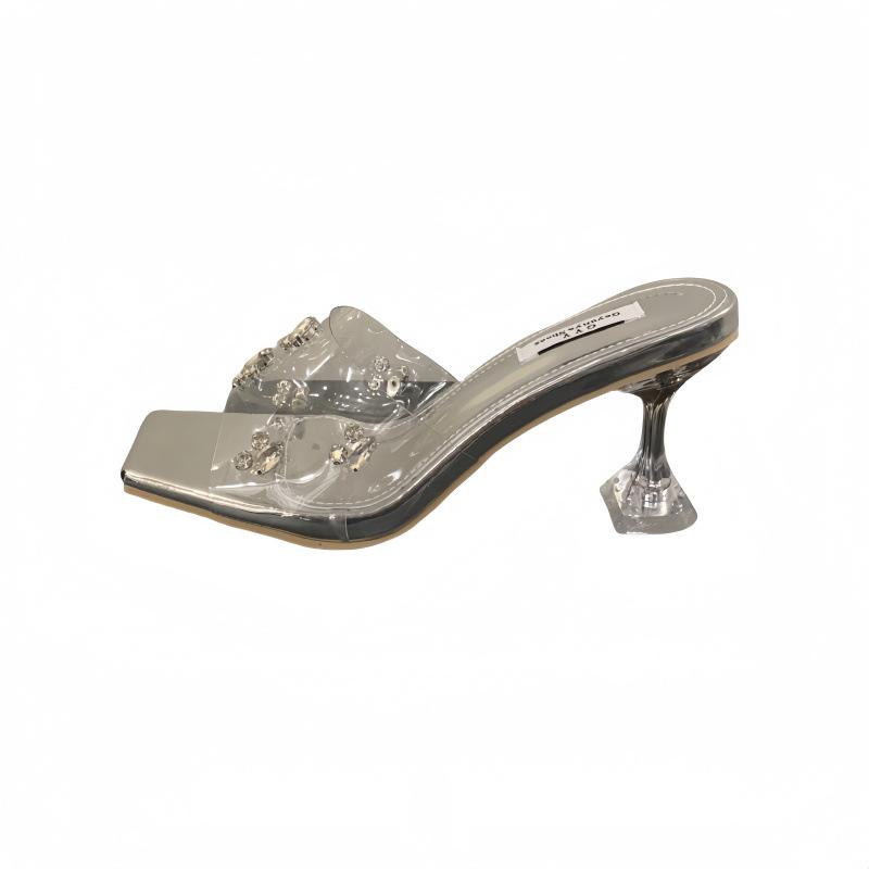 Xia's New Square Head Rhinestone Transparent Crystal Heel with One-word Sandals Women's Open-toed High Heels Wear Cool Slippers
