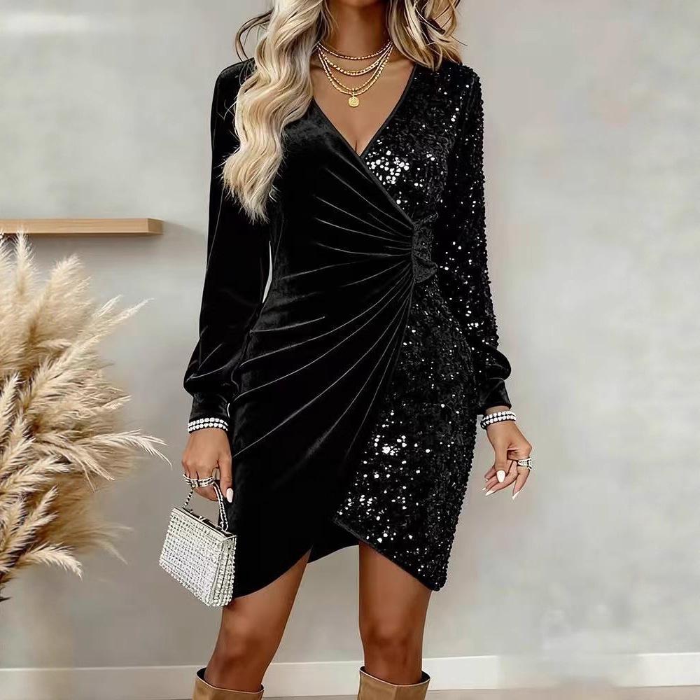 Dar Kesim Payetli Kadife V Yaka Elbise - 2025 Yeni Seksi Moda Avrupa & Amerika İçin
