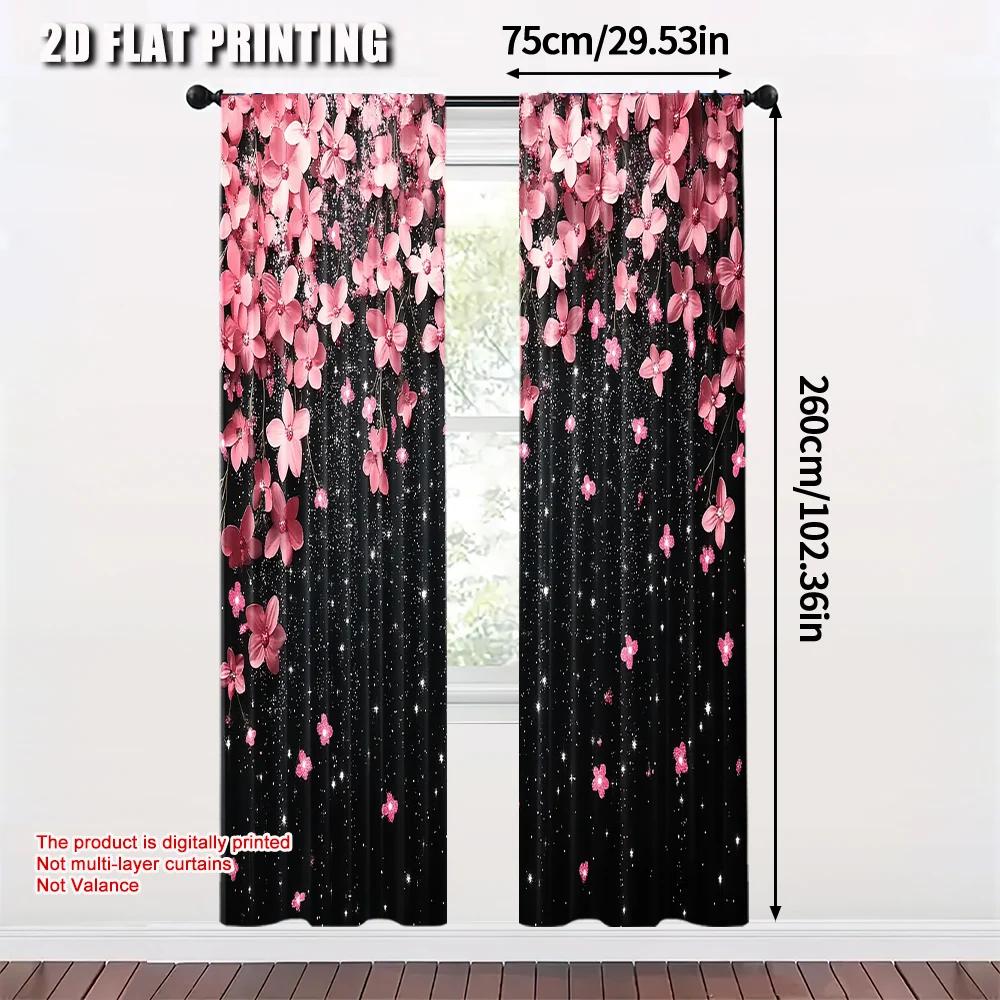 2pcs   Popular Curtains  plane printing Black Curtains with Pink and White Stars Design Machine Washable Fabric (without rod)