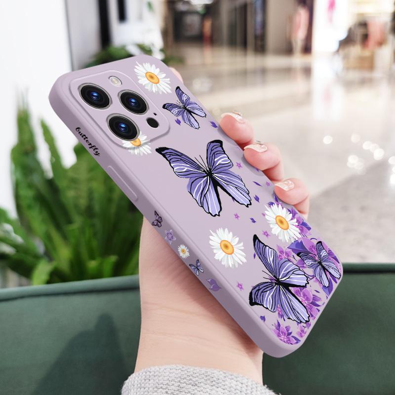 Butterfly Daisy Pattern Soft Liquid Silicone Fall Prevention Case Cover For iPhone 16 16e 15 Pro Max 14 Plus 13 12 11 X Xs Max 7 8 6 SE2 SE3