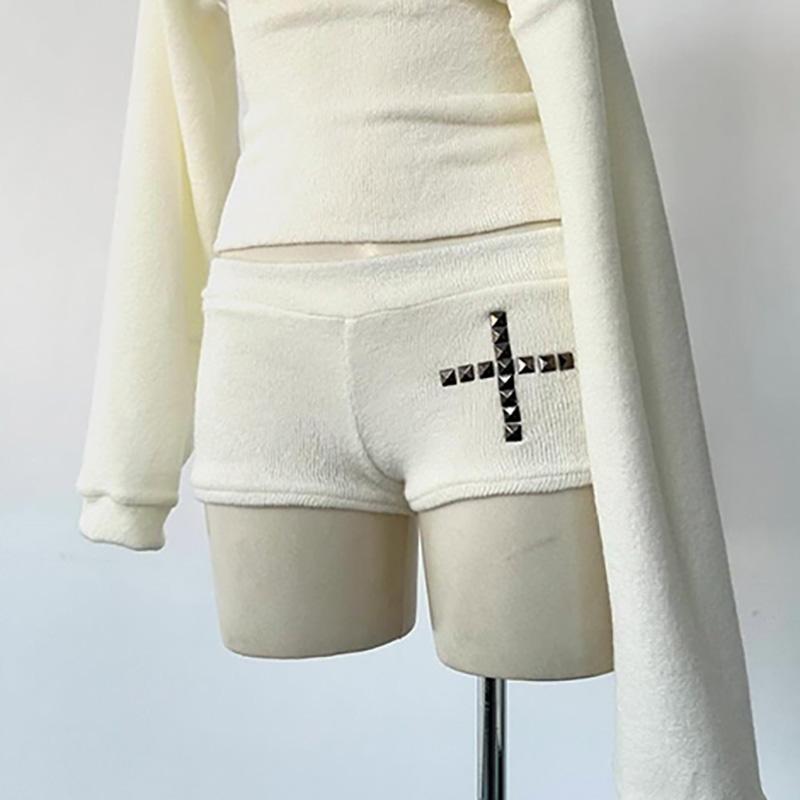 2KWEIRD Goth Aesthetic Women's Boat Neck Long Sleeve Top Sexy Slim Chic Cross Decoration Shorts Y2K Harajuku Emo Girls Streetwear Outfit