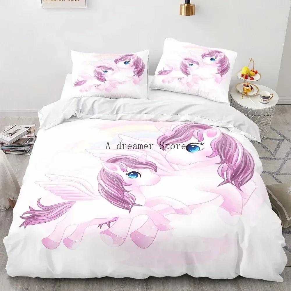 Kids Cartoon Unicorn Rainbow Horse Comfortable Duvet Quilt Cover Pillowcase Bedding Set Children Bedroom Decoration Home Textile