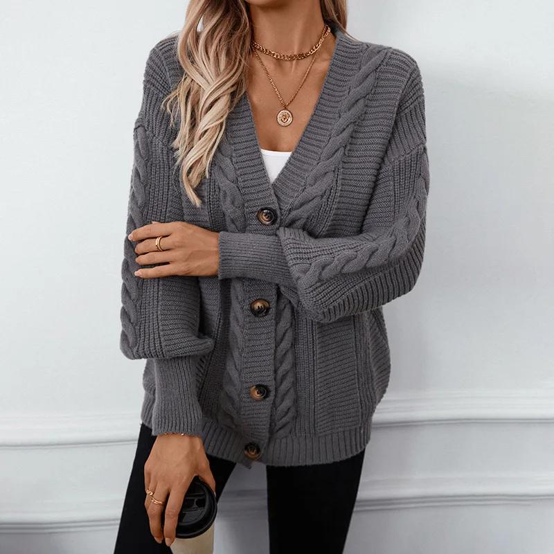 2024 New Autumn/Winter V-Neck Sweater Loose-Fit Casual Knitted Cardigan Women's Knitted Pullovers Cable Knit Style
