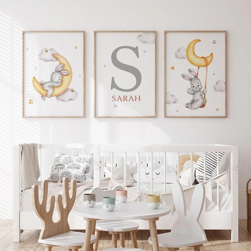 Custom Kids Name Canvas Paintings Cute Teddy Bear and Rabbit Nursery Wall Art Posters Prints Mural Pictures Baby and Kids Room