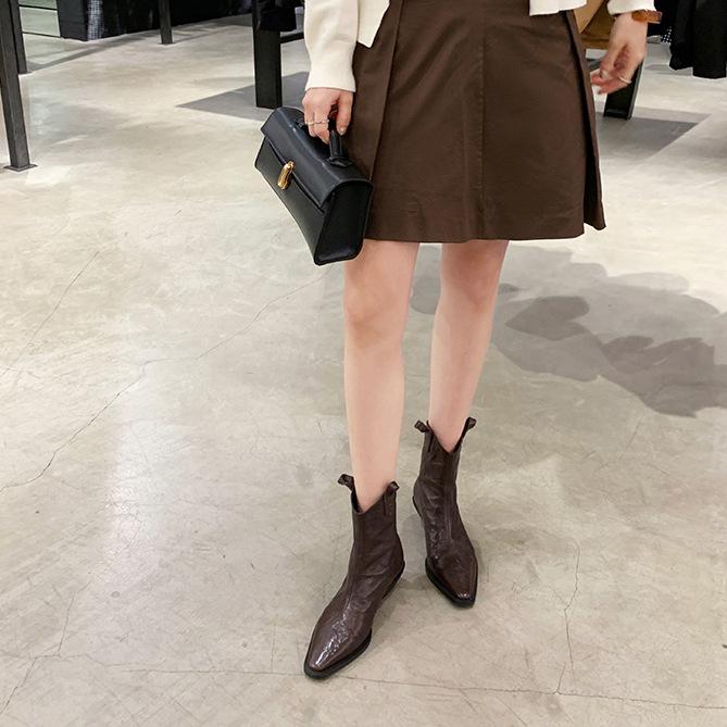 

Cowhide version~ genuine leather retro pointed V-mouth short boots women s thick heel thin rear zipper western cowboy boots Martin boots 39