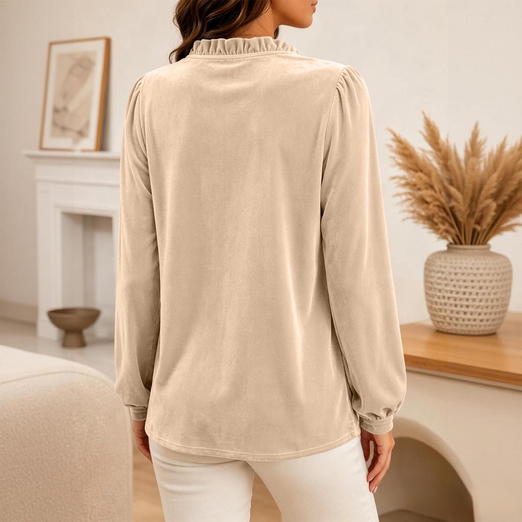 Women's Long Sleeve Velvet V-Neck Casual Blouse Top