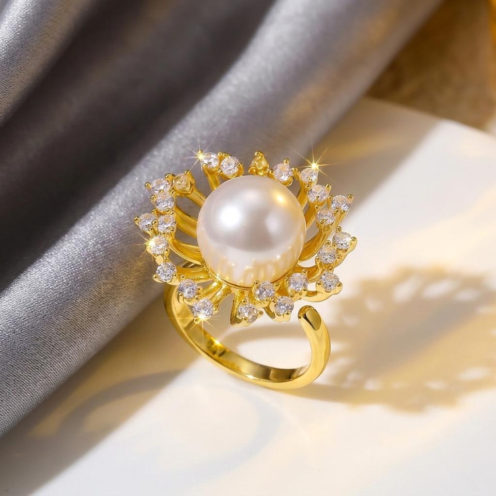 Shiny Green Crystal Butterfly Ring For Women French Style Inlaid Zircon Pearl Flower Waterdrop Crown Finger Ring Wedding Jewelry