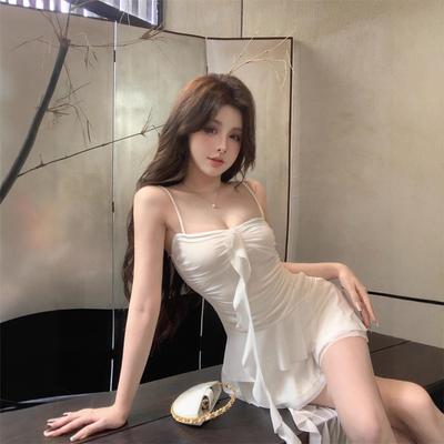 French Super Fairy Pure Desire Lotus Leaf Edge Splicing Suspender Dress Women's Summer Senior Sense Slim and Thin Irregular Short Skirt