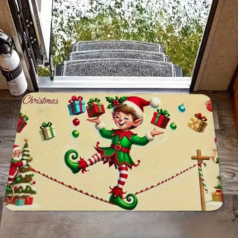 

Christmas Elf Acrobatics Doormat, Santa Gifts Holly Polyester Machine Washable Rug for Kitchen Laundry Guest Room Holiday Decor 40x60cm