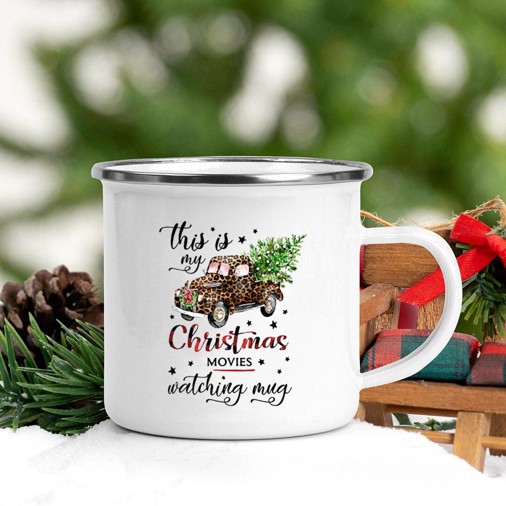 Christmas Tree Deer Truck Print Enamel Mugs Coffee Cups Christmas Party Dessert Hot Cocoa Chocolate Cup Gifts for Friends Family