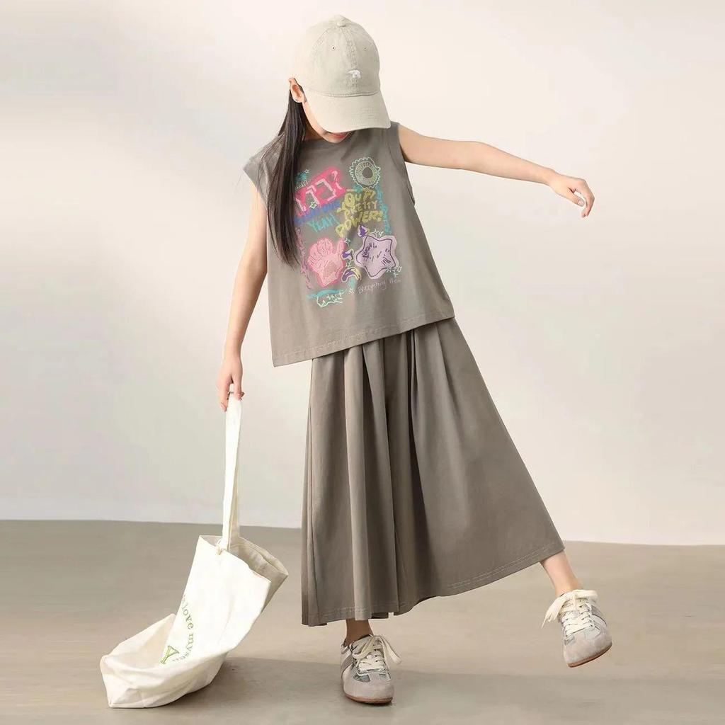 Girls' Tank Top Set, Children's Summer Fashionable Trendy Outfit, Short Sleeve Wide-leg Pants Summer Two-piece Set
