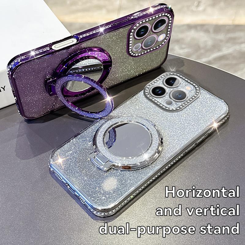 KEYSION Luxury Glitter Jewelled Magnetic Phone Case for iPhone 13 14 Pro Max Makeup Mirror Ring Stand Shockproof Back Cover