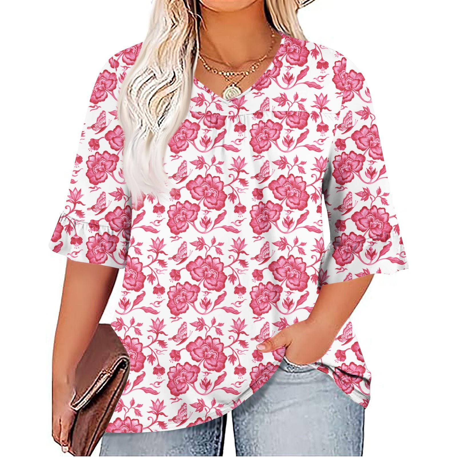 

Женская мода повседневная Пасха принтованная V-образный вырез рукав семь минут оборки рукав футболка топы плюс размер женская XL