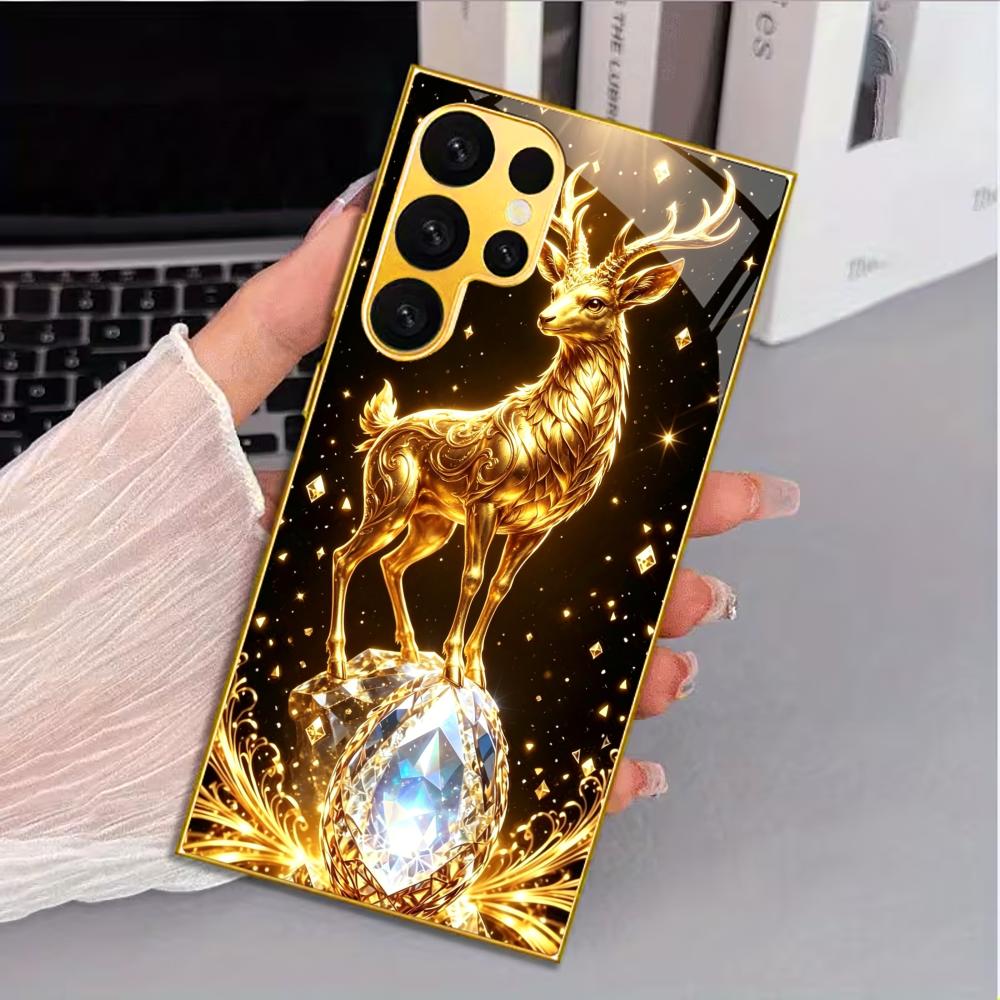 Golden Deer with Crystal Print phone case glass s26 ultra case mobile phones for Samsung Galaxy S26 S25 S24 S23 S22FE Ultra Plus