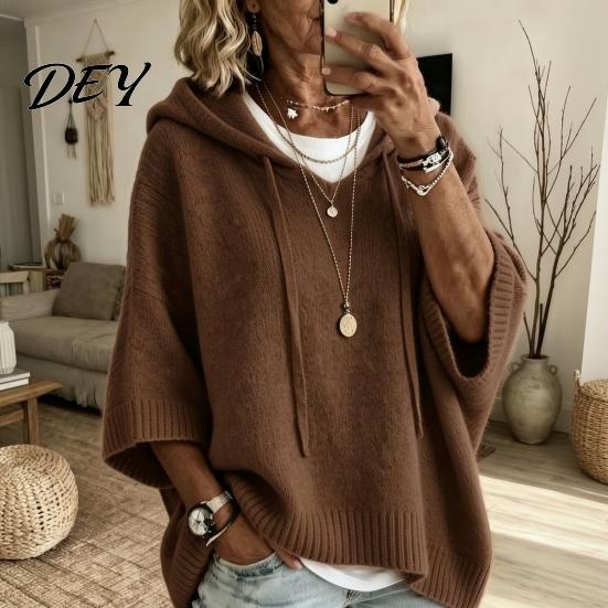 Casual Hooded Sweater Autumn Women Knit Pullover Sweater, Loose Fit Drawstring 3/4 Sleeve Drop Shoulder Solid Color Winter