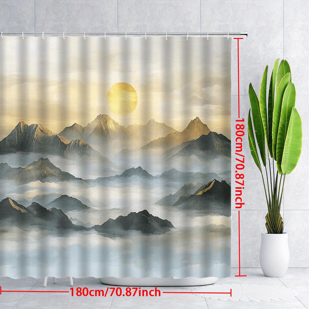 1pc Serene Mountain Shower Curtain - Misty Sunrise, Snow-Capped Peaks & Fog, Polyester, Bathroom Decor