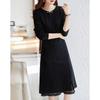 Plus Size Women's Mid-Length Black Dress with Lace Patchwork - Slimming Waist, Perfect for Spring, Autumn, and Winter