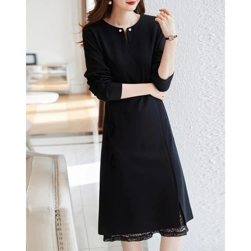 Plus Size Women's Mid-Length Black Dress with Lace Patchwork - Slimming Waist, Perfect for Spring, Autumn, and Winter