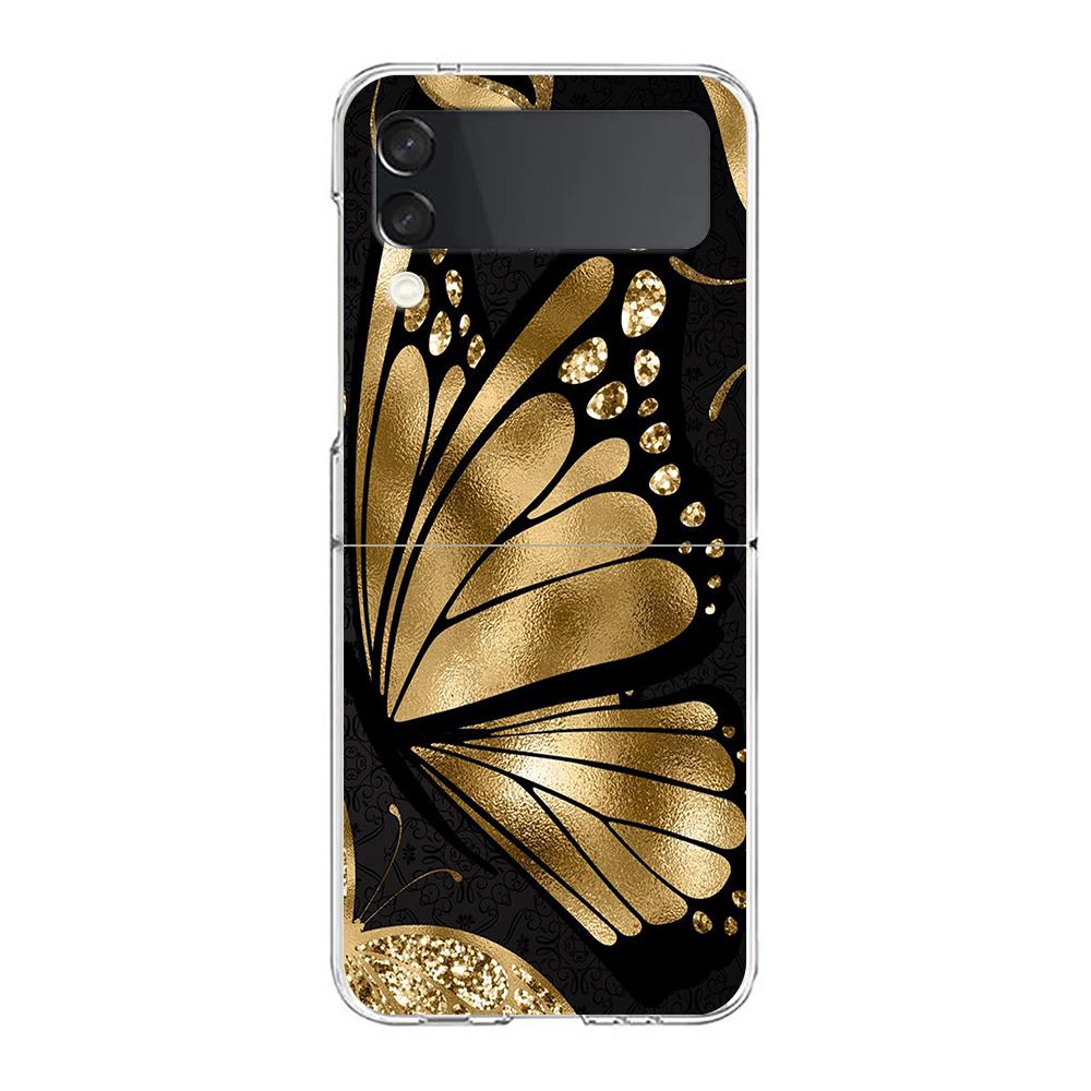Gold Foil Art Hard PC Phone Case For Samsung Galaxy Z Flip 5 4 3 Transparent Cover For Galaxy Z Flip 6 Foldable Shockproof Cases