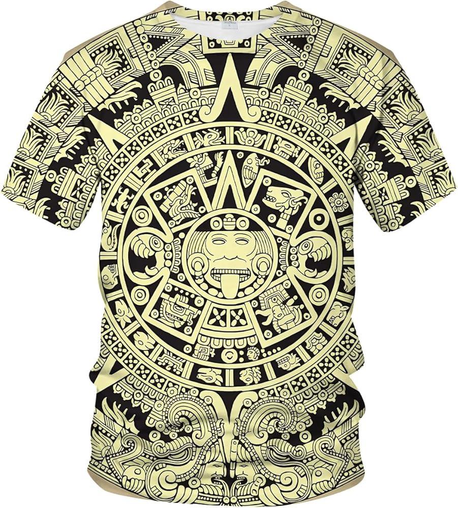 LAOLIUSN Men039;s Aztec T-Shirt with Mayan Totems Design Mexican Themed Printed Tee Unisex T-Shirt