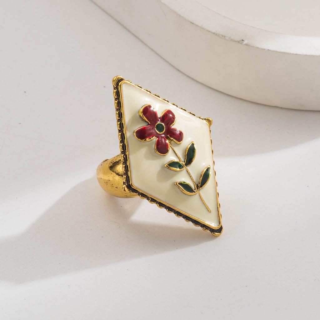 Three-Piece Set Vintage Niche Design Flower Oil Drop Ring for Women Copper Gold-Plated Adjustable Open Ring