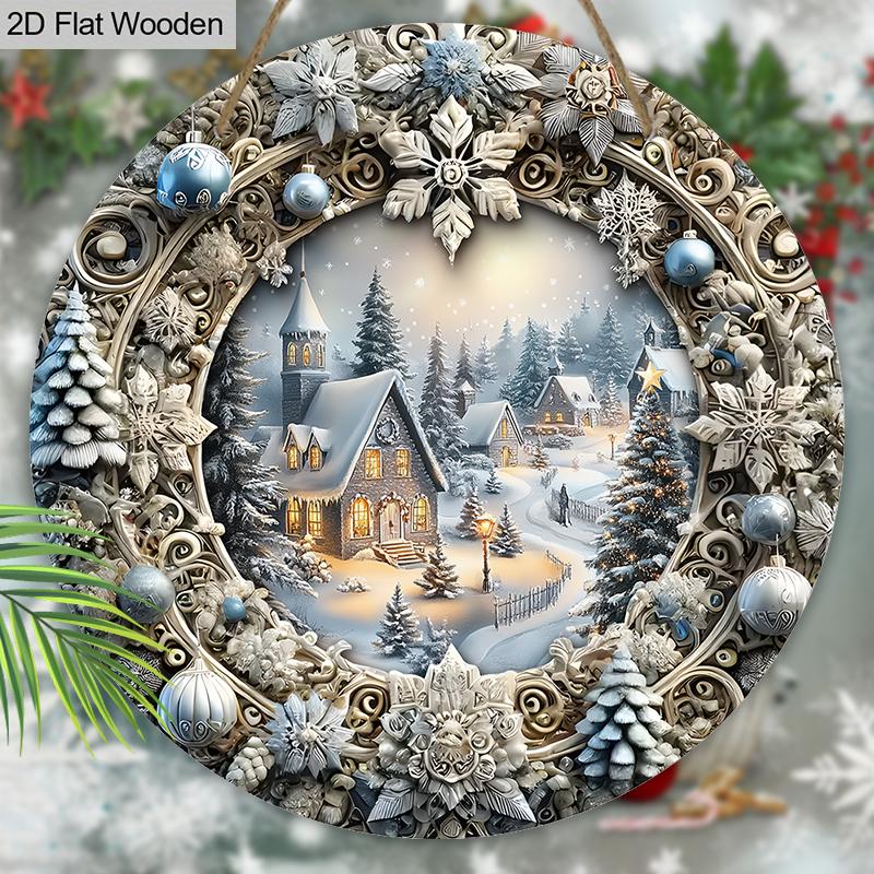 Cute Winter Wonderland Wooden Sign - Navidad Round Sign with Snowhouse Town Pattern - Ideal for Front Door, Wall Hanging Decor - Ideal Christmas Gift