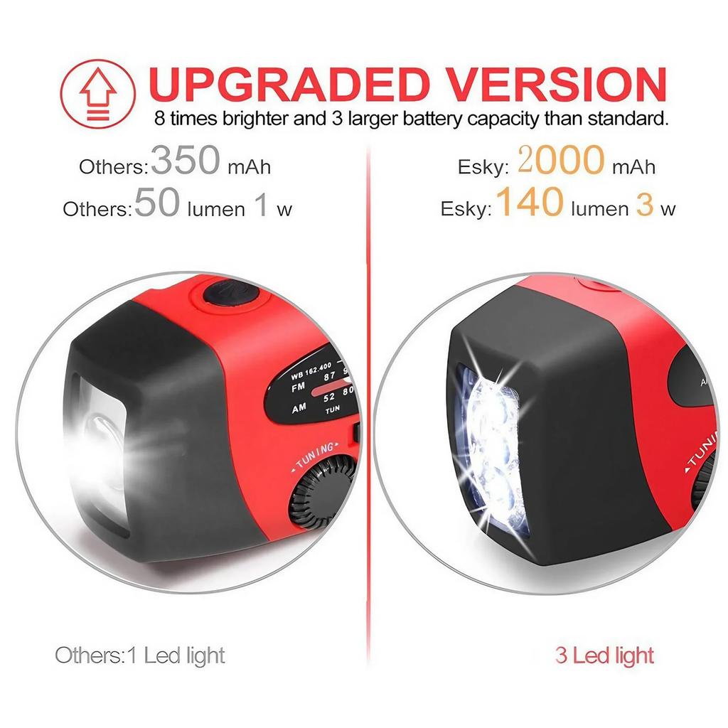 2000mAh Solar Hand Crank Emergency Radio AM FM WB NOAA Weather Alert USB Charger LED Flashlight Power Bank for Outdoor