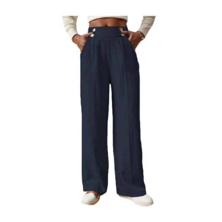

Women Casual Pants Elastic High Waist Wide Leg Straight Trousers Solid Color Long Pockets Leisure Commuting Work Travel XXL синій