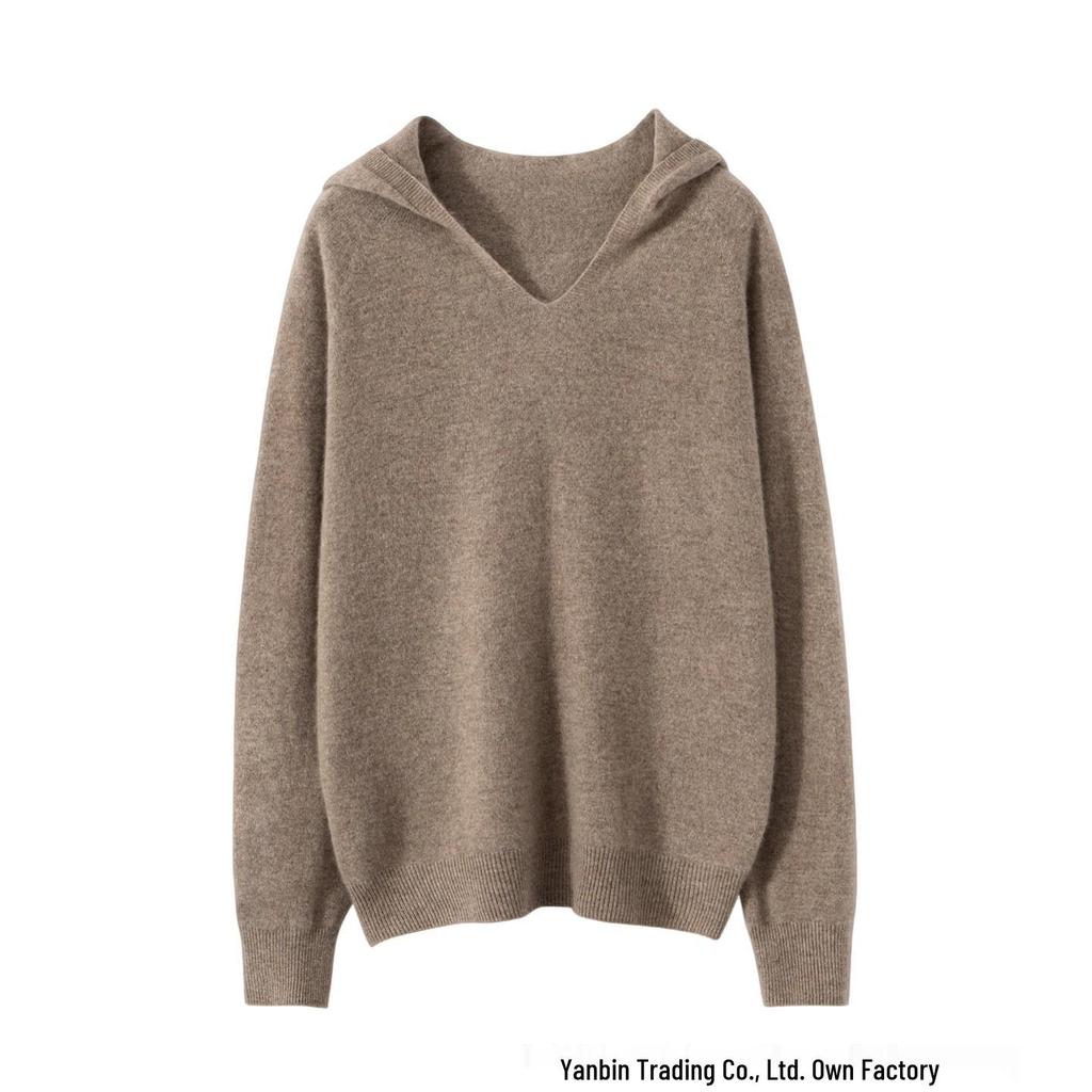 Autumn Winter Pure Cashmere Women's Hooded Loose Knit Sweater Pullover