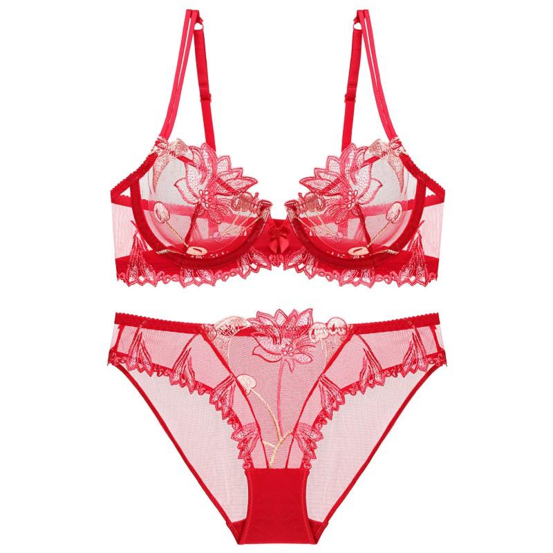Ultra-thin Lace Bra Set Plus Size Women Cherry Embroidery Sheer Mesh Minimizer Bust