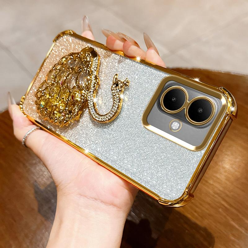 KEYSION Shockproof Plating TPU Phone Case for TECNO Spark Go 2 Pop 10 Glitter Jewelled Swan Kickstand Cover for Infinix Smart 10