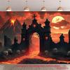 2D Fiery Underworld Backdrop Dark Gate with Lava River & Volcano Party Background Cloth