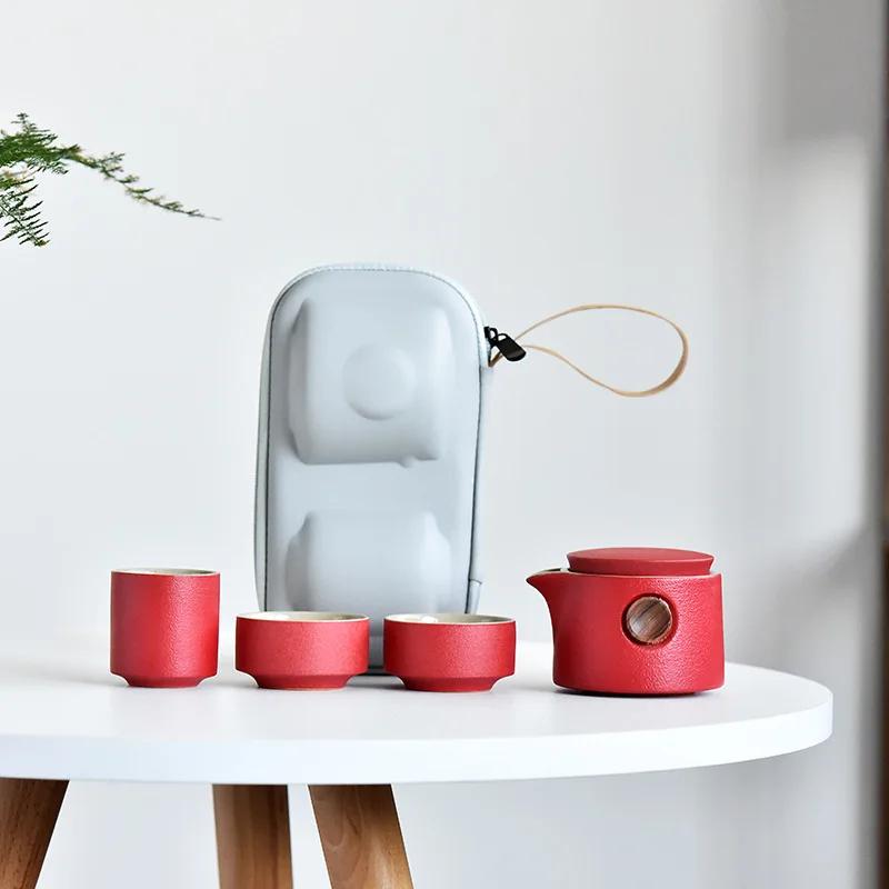 Černá keramika, venkovní cestovní čajová sada, přenosná keramická dárková sada, 1 konvice na čaj a 3 šálky, Dehua kung-fu čajové nádobí, dárková krabička