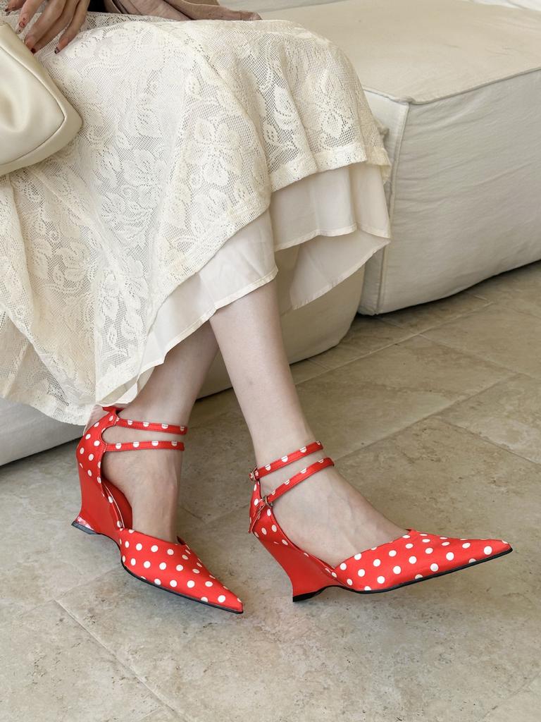 Sandali Eleganti alla Moda da Donna in Raso con Punta Acuta e Zeppa a Pois Stile Francese - Perfetti per l'Uso Quotidiano