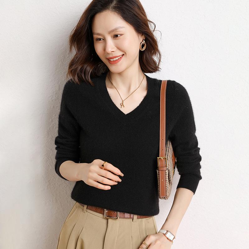 Cashmere Women's 100-Stitch Knit V-Neck Pullover Sweater for Autumn/Winter