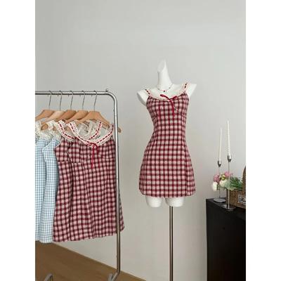 Neu Hohe Qualität Plaid Spitze Einteiliges Kleid Koreanische Mode Sommer Spaghetti Strap Kleid Off Schulter Sommerkleid Süße