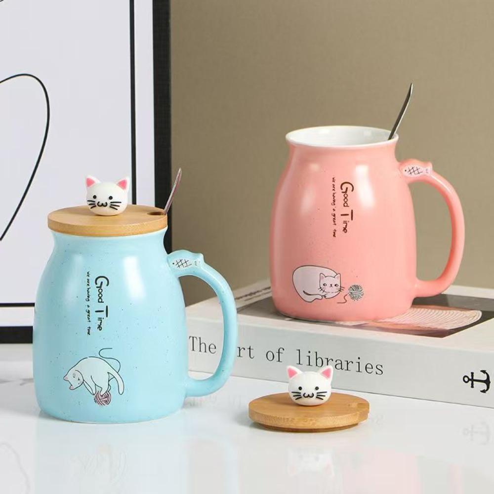 460ml Cartoon Ceramics Cat Mug with Lid and Spoon Handle Cute Cat Mug Coffee Milk Tea Mugs Breakfast Cup Drinkware Novelty Gifts