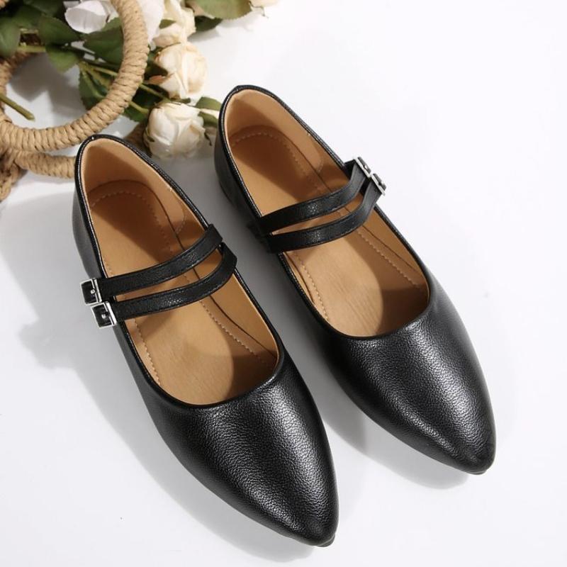Fashion women's genuine leather double metal buckle slip-on Mary Jane ballet flats soft comfortable casual female shoes